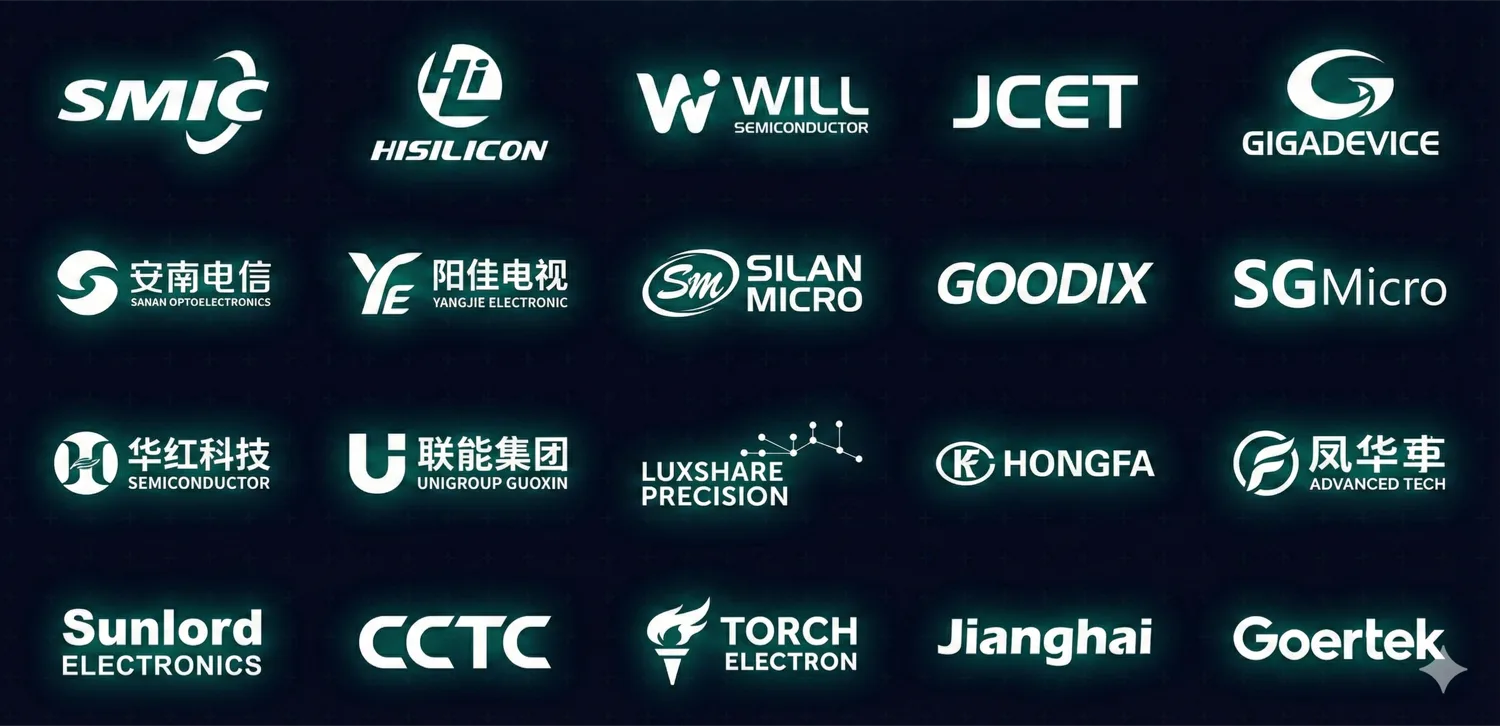 Логотипы китайских производителей электронных компонентов: SMIC, HiSilicon, GigaDevice, Goodix, Luxshare, JCET, Sunlord и другие