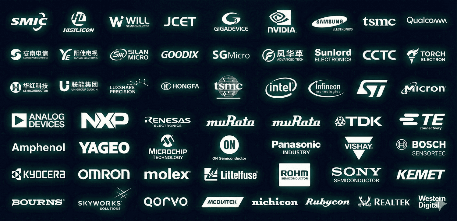 Логотипы мировых производителей электронных компонентов: Intel, Nvidia, Texas Instruments, STMicroelectronics, Analog Devices, NXP, Qualcomm, Samsung, Murata, TDK и другие